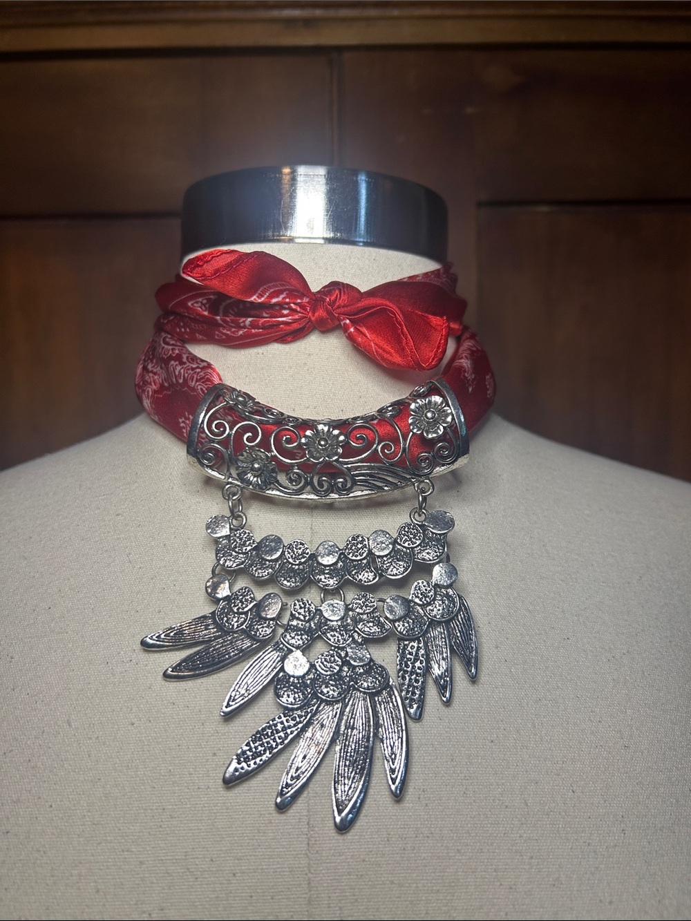Rare Silver Tone Scarf Slide with Bib Necklace via Detail